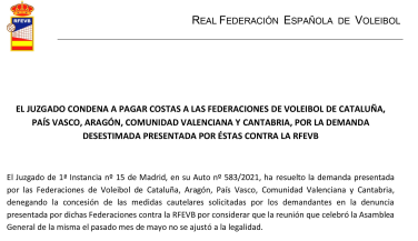 EL JUZGADO CONDENA A PAGO DE COSTAS A FEDERACIONES CATALANA, VASCA, ARAGONESA, VALENCIANA Y CÁNTABRA